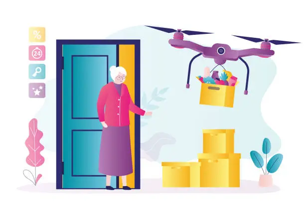 Vector illustration of Drone delivers boxes of goods. New modern fast delivery technology. E-commerce, contactless transfer of purchases. Delivery service, shipment, cargo. Grandmother receives parcels.