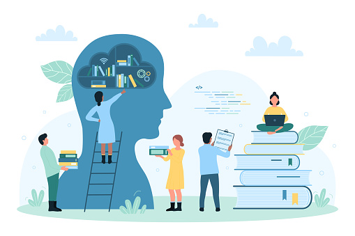 Knowledge and higher education vector illustration. Cartoon students study with books from bookshelf inside abstract human head, experience organization, idea and content management by tiny people