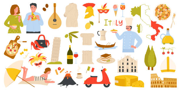 ilustraciones, imágenes clip art, dibujos animados e iconos de stock de conjunto de viajes a italia, símbolos italianos aislados, puntos de referencia y colección de dibujos animados de comida - italian culture rome europe cartoon
