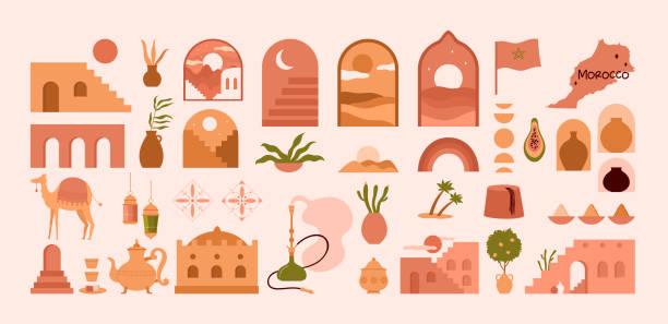 Travel to Morocco set, Moroccan art and culture symbols, Marrakech city buildings Travel to Morocco set vector illustration. Cartoon isolated abstract Moroccan art and culture symbols, Marrakech city building with terracotta doors and arches, map and flag, pottery and camels marrakech stock illustrations