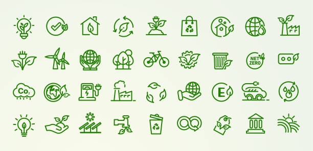 ökologisches umwelt-icon-set 36-tlg. esg, netto-null, co2-öko-grün-icon-vektor - conservation icons stock-grafiken, -clipart, -cartoons und -symbole