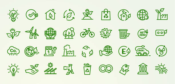 ilustraciones, imágenes clip art, dibujos animados e iconos de stock de conjunto de iconos ecológicos ambientales 36 piezas esg, cero neto, co2 eco verde icono vector - sostenibilidad