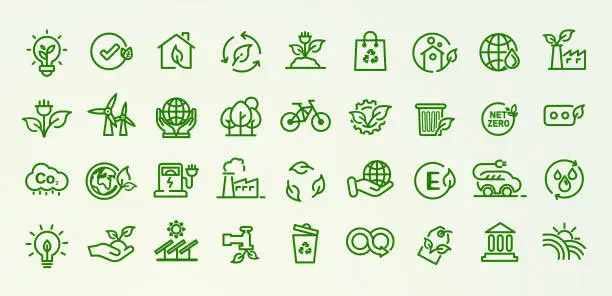 Vector illustration of ecological environmental icon set 36 pcs esg, net zero, co2 eco green icon vector