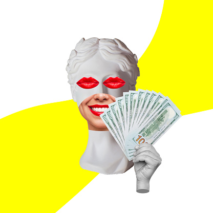 Antique female statue's head with red lips on her eyes holds a wad of hundred-dollar cash banknotes on color background. Trendy collage in magazine surreal style. 3d contemporary art. Modern design