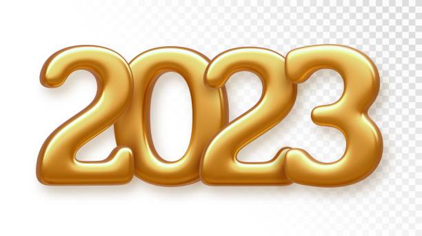 istock Happy New 2023 Year. Golden metallic luxury numbers 2023. Realistic 3d render sign for greeting card. Festive poster or holiday banner design. Vector illustration. 1440758506