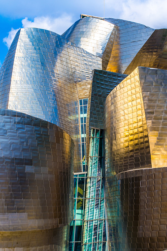 Bilbao, Spain – June 12, 2019: Bilbao, Spain, May 2012: Details and close-up of the architecture of the Guggenheim Museum in Bilbao, Spain