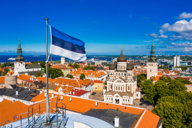 luftaufnahme der estnischen flagge auf dem hohen hermannsturm, tallinn, estland - tallinn stock-fotos und bilder