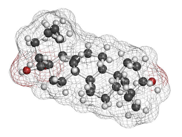 Ursolic acid molecule. Triterpenoid present in fruit peels. 3D rendering. Atoms are represented as spheres with conventional color coding.
