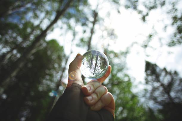 istock Person holding a crystal lens ball against a forest trees 1440762869