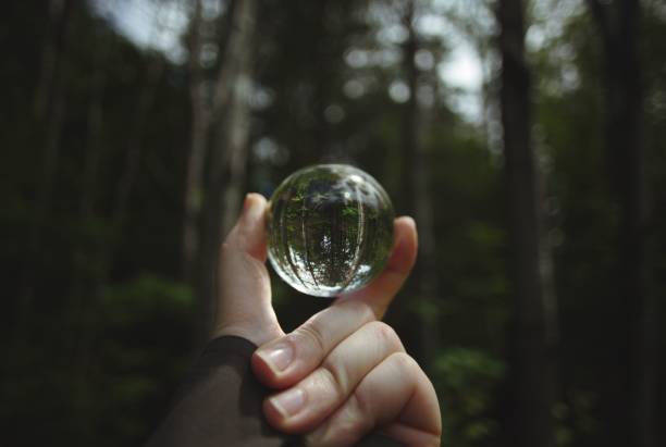 istock Person holding a crystal lens ball against a forest trees 1440762873