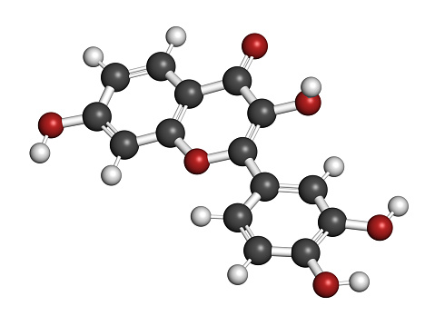Fisetin plant polyphenol molecule. 3D rendering. Atoms are represented as spheres with conventional color coding.