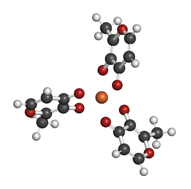 Ferric maltol iron deficiency drug molecule. 3D rendering. Atoms are represented as spheres with conventional color coding.