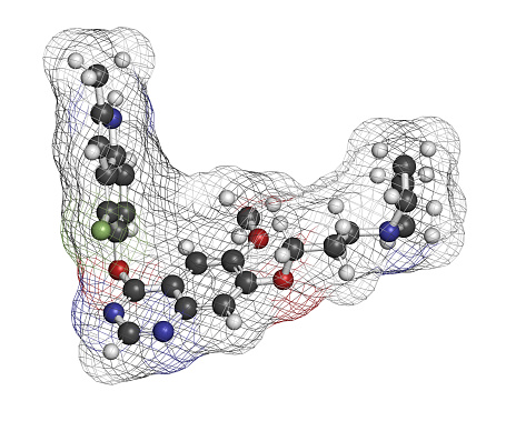 Cediranib cancer drug molecule. 3D rendering. Atoms are represented as spheres with conventional color coding.