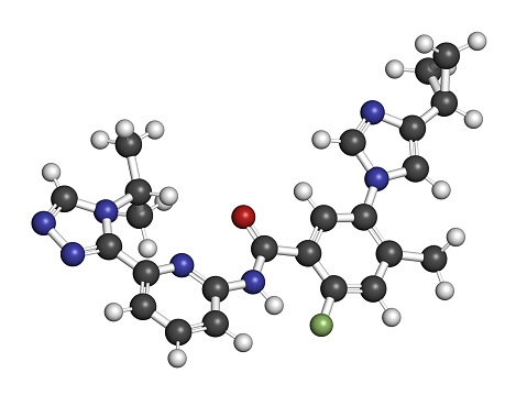 Selonsertib drug molecule. 3D rendering. Atoms are represented as spheres with conventional color coding.