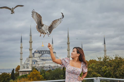 young and beautiful kazakh traveler in nice dress standing at the top of a building near blue mosque and feeding flying seagulls at sultanahmet meydan istanbul