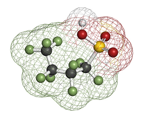 Perfluorobutanesulfonic acid fluorosurfactant molecule. 3D rendering. Atoms are represented as spheres with conventional color coding.