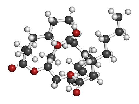 Triheptanoin drug molecule. 3D rendering. Atoms are represented as spheres with conventional color coding.