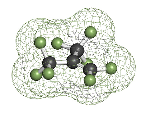 Perfluoroisobutene fluorocarbon molecule.  3D rendering. Atoms are represented as spheres with conventional color coding: carbon (grey), fluorine (lig