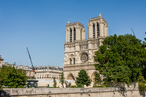 Paris, France – July 04, 2019: The Notre-Dame Cathedral in the fourth arrondissement restoring the roof after a fire