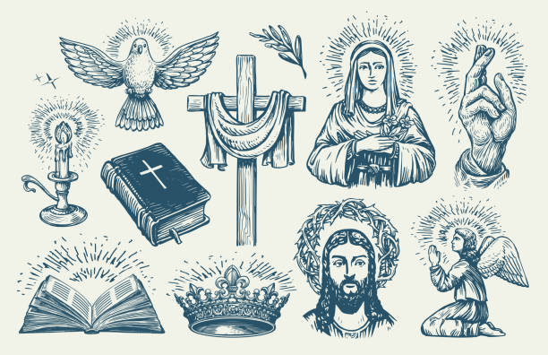 religionssymbole setzen skizze. biblische motive. kreuzspiritualität, katholizismus, christentum religiöse elemente - religiöse darstellung stock-grafiken, -clipart, -cartoons und -symbole