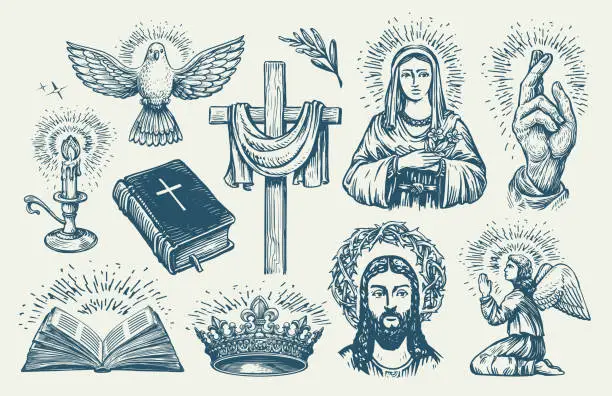 Vector illustration of Religion symbols set sketch. Biblical motifs. Cross spirituality, catholicism, christianity religious elements