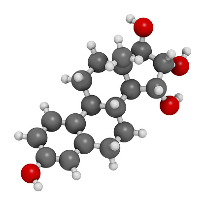Estetrol natural estrogen hormone molecule. 3D rendering. Atoms are represented as spheres with conventional color coding