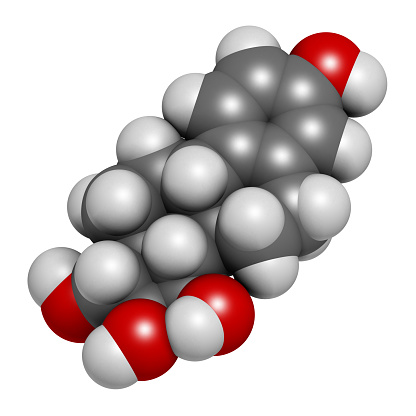 Estetrol natural estrogen hormone molecule. 3D rendering. Atoms are represented as spheres with conventional color coding