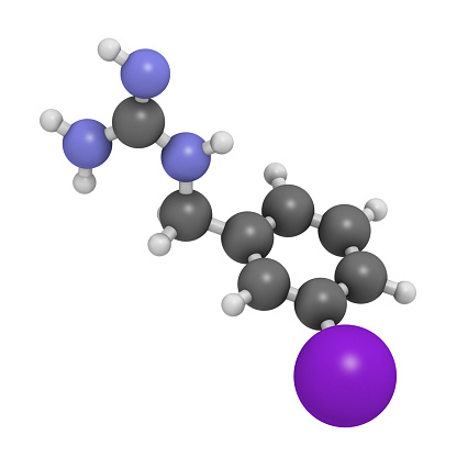 Iobenguane I-131 cancer drug molecule (radiopharmaceutical). 3D rendering. Atoms are represented as spheres with conventional color coding