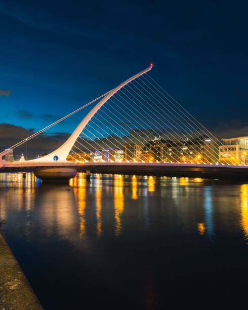 foto vertical da ponte samuel beckett em dublin, irlanda, à noite com paisagem urbana e luz - dublin ireland samuel beckett bridge bridge night - fotografias e filmes do acervo