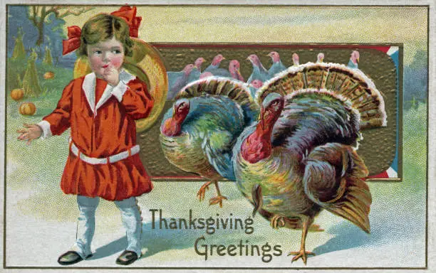 Photo of Illustration of a girl in a red dress with two turkeys on a vintage Thanksgiving theme postcard