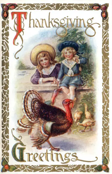 Photo of Vertical illustration of two children watching a turkey on a vintage Thanksgiving theme postcard