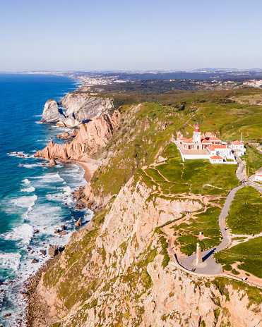 An aerial view of Cabo da Roca lighthouse, a landmark in Colares, Lisbon, Portugal