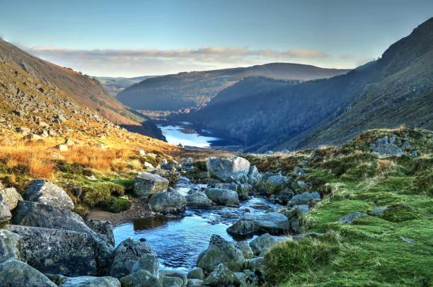 bellissimo paesaggio serale in irlanda, carrauntoohil, wicklow, glendalough - macgillicuddys reeks foto e immagini stock