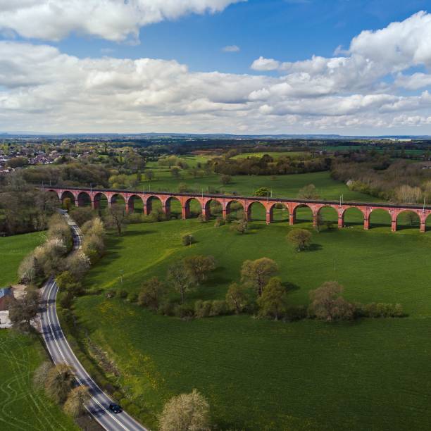 istock Aerial view of viaduct bridge over greenery field with dense trees 1440767841