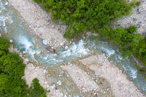 An aerial shot of a river flow route in wilderness