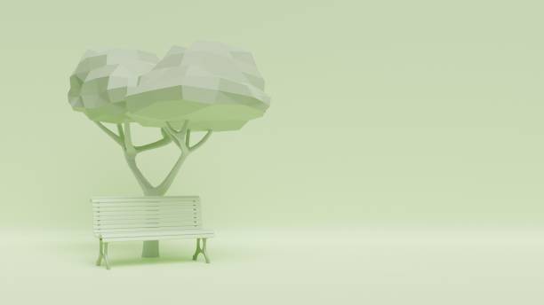 istock Bench and tree on a pastel green background - monochrome 3D rendering with space for text 1440768087