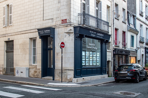 tours, France – July 22, 2021: A front view of SOTHEBY’S INTERNATIONAL REALTY store shop, famous brand and network for luxury and character properties
