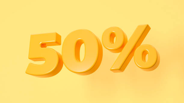 50 percent discount (50%) fifty percent yellow color promotion - 3d illustration - 50 percent imagens e fotografias de stock