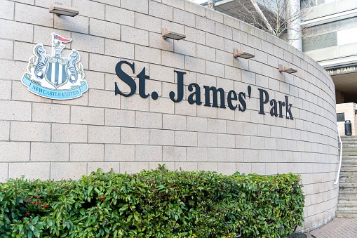 NEWCASTLE UPON TYNE, United Kingdom – November 03, 2022: Exterior view of St James' Park football ground, home stadium of Newcastle United soccer club in Newcastle upon Tyne, UK.