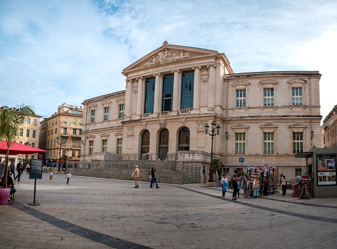 Nice, France – October 16, 2022: The Palace of Justice (Palais de Justice)  built in neoclassical style at old town Nice, French Riviera, France. the Law Court, highlighting square