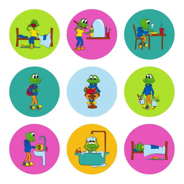 Vector illustration of Set of stickers on the theme of daily planning of the daily routine of schoolchild. The baby frog performs various tasks during the day.