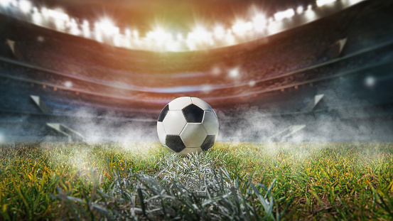 ball on the green field in soccer stadium. ready for game in the midfield, 3D Illustration