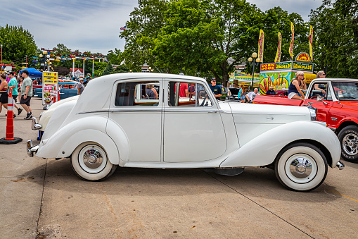 Des Moines, IA - July 02, 2022: High perspective side view of a 1951 Bentley Mark VI Standard Saloon at a local car show.