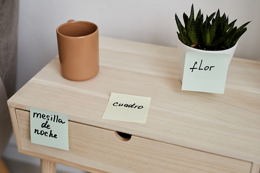 Close-up of wooden nightstand with cup of coffee and green domestic plant in flowerpot and notepaper stickers with Spanish words