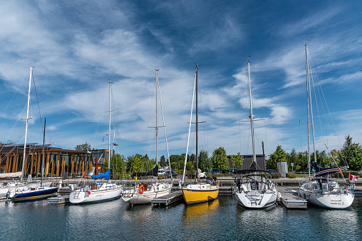 Thunder Bay, Canada – September 06, 2018: Sailing Boats moored at the marina in Thunder Bay, Ontario. Canada