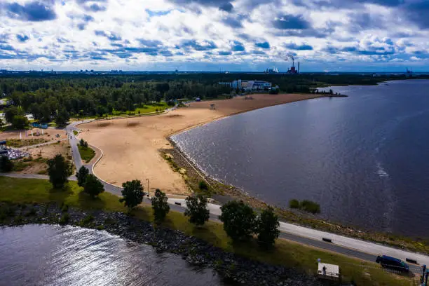 Aerial drone view over the Nallikari beach and the Eden spa, in Oulu, Finland