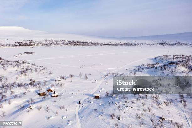 Aerial View Of Lake Tshahkajarvi Sunny Day In Lapland Rising Drone Shot Stock Photo - Download Image Now