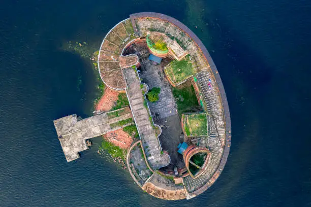 An aerial view of fort Alexander on an artificial island in the Gulf of Finland near St. Petersburg and Kronstadt