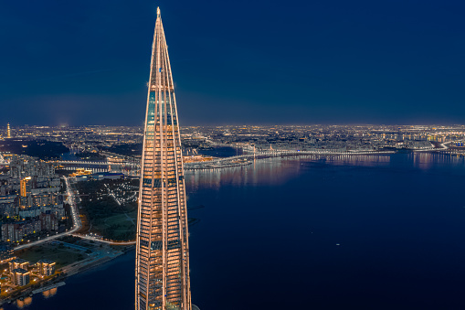 An aerial  view of Lakhta Center during the night,  Saint Petersburg, Russia