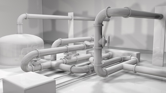a 3d rendering of gray pipes inside an enclosed area